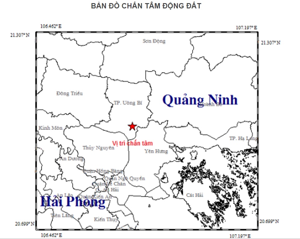 Vị trí chấn tâm của trận động đất xảy ra tại Quảng Ninh. Ảnh Viện Vật lý địa cầu.