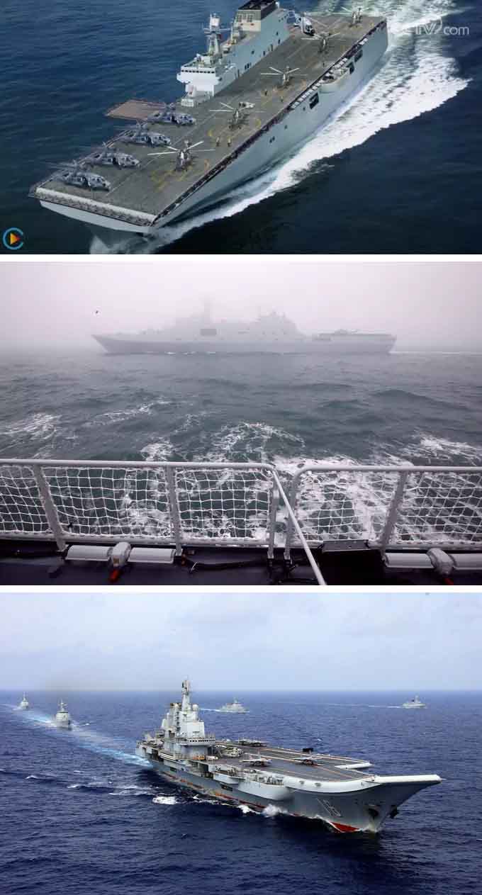 Tàu đổ bộ trực thăng lớp Type 075, tàu vận tải đổ bộ lớp Type 071 và tàu sân bay lớp Type 001 của Trung Quốc. Ảnh: Twitter