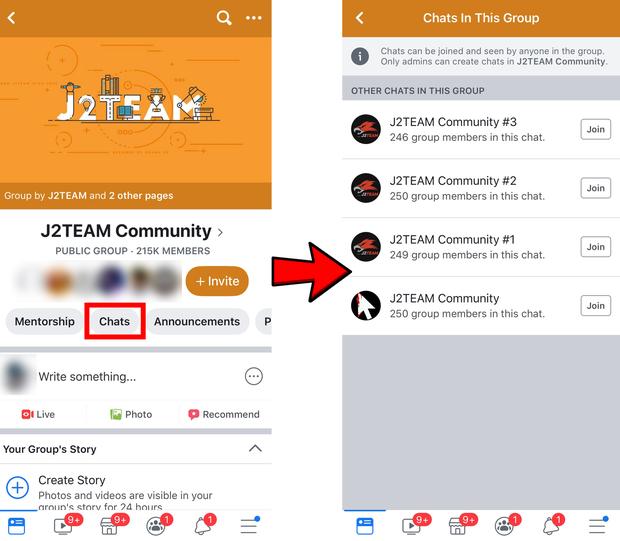 Phần "Chats" có sẵn trong Group Facebook, từ đó lập nên các Groupchat trên Messenger liên kết. (Ảnh: J2Team Community Group)