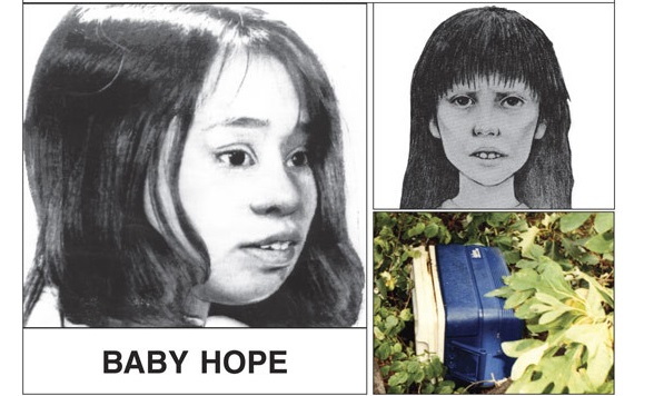 Chân dung phác thảo cô bé Baby Hope và chiếc thùng nước đá chứa thi thể nạn nhân.