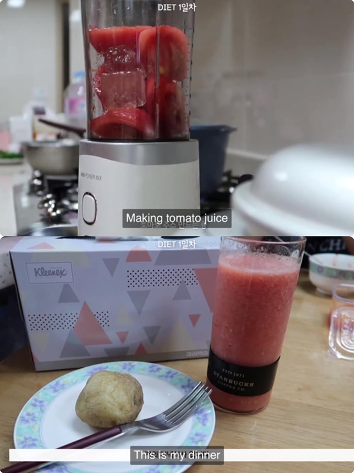 Để tránh đói, cô bổ sung thêm cả sinh tố cà chua cho bữa ăn.