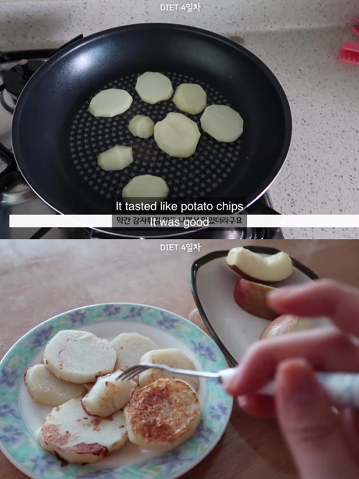 Kết thúc ngày thứ 4 và Jeong U chỉ ăn duy nhất&nbsp;khoai tây. Cô áp chảo (không sử dụng dầu chiên) với khoai tây và thật ngạc nhiên bữa ăn trôi qua thành công hơn mong đợi.