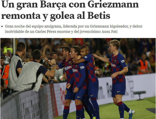 "Bom tấn" Griezmann dẫn dắt Barcelona "tuyệt vời" là tựa đề bài viết trên tờ Mundo Deportivo