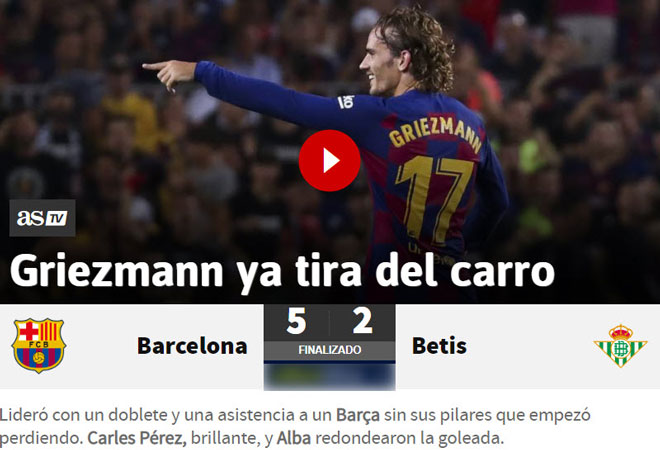 "Tất cả nằm trong tay Griezmann"&nbsp; - Tờ AS của Tây Ban Nha đưa tin về chiến thắng của Barca