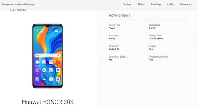 Thông tin Honor 20S trên Google&nbsp;Play Console.