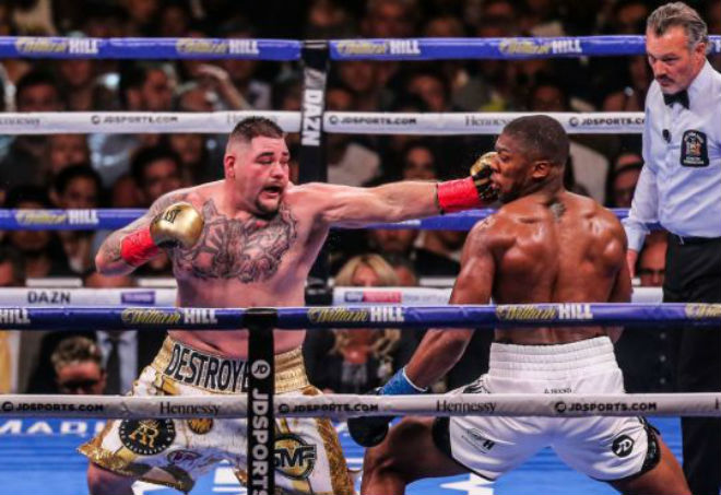 Andy Ruiz (trái) gây sốc cả thế giới khi hạ gục Anthony Joshua để đoạt 4 đai boxing hạng nặng thế giới từ tay đối thủ