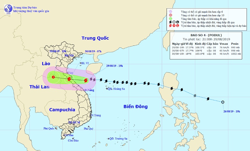 Vị trí và hướng di chuyển tiếp theo của bão số 4 – Podul. Ảnh Trung tâm Dự báo KTTVQG.