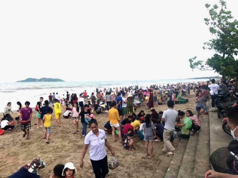 Thông tin nhanh chóng được phát tán, hàng trăm người dân, du khách mang vật dụng ra bãi biển để nhặt mang về chế biến món ăn và ra chợ bán.