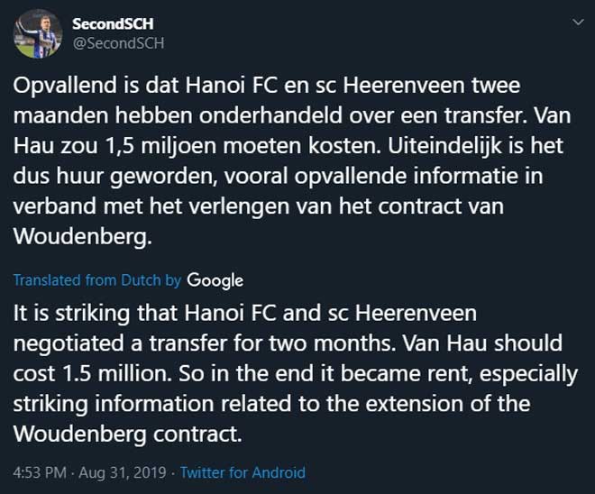 "Đáng chú ý là Hà Nội FC và Heerenveen đã thương lượng vụ này 2 tháng nay. Văn Hậu nên có giá 1,5 triệu euro. Cuối cùng lại trở thành cho mượn, có thể liên quan đến việc gia hạn hợp đồng của Woudenberg (một hậu vệ trái khác - PV)" - một CĐV khác đưa ra thông tin rất đáng chú ý.