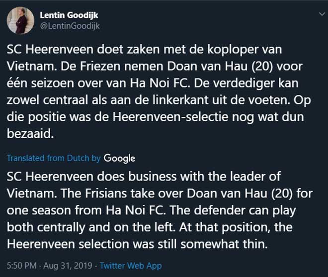"Hậu vệ này có thể đá cả ở trung tâm lẫn bên cánh trái. Ở vị trí đó, nhân sự của Heerenveen vẫn hơi mỏng" - một CĐV lạc quan về tương lai của Văn Hậu tại đội bóng Hà Lan.