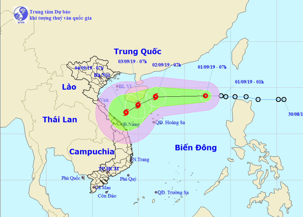 Vị trí và hướng di chuyển của áp thấp nhiệt đới trên Biển Đông. Ảnh Trung tâm Dự báo KTTVQG.