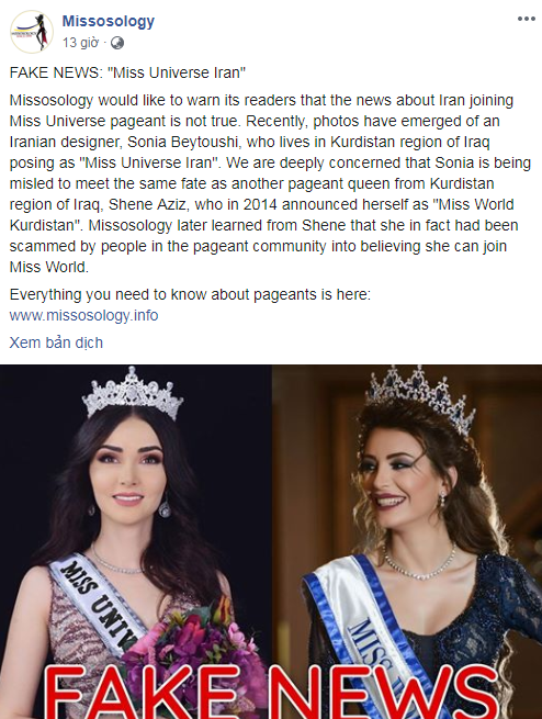 Missosology nói rằng không có thí sinh Iran tham gia Miss Universe.&nbsp;