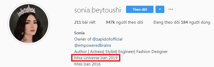 Nhưng&nbsp;Sonia Beytoushi lại khẳng định mình là Miss Universe Iran 2019.&nbsp;