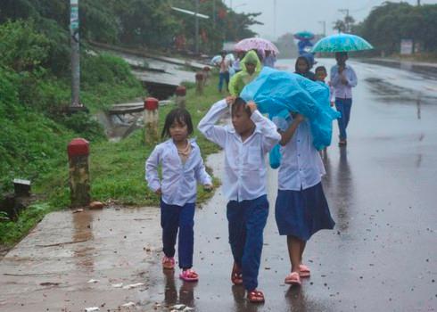 Học sinh Trường Tiểu học và THCS Tân Thành (huyện Hướng Hóa, tỉnh Quảng Trị) đội mưa về nhà khi có thông báo hoãn.