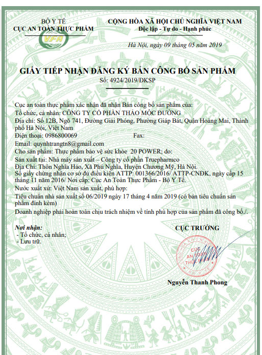 Giấy chứng nhận An toàn thực phẩm từ Bộ y tế
