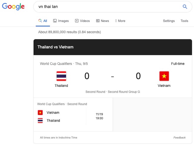 Google cập nhật kết quả trận đấu giữa Việt Nam và Thái Lan hôm 5/9 vừa qua.