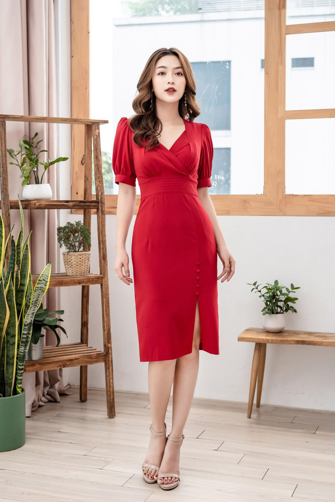 Váy nhung đỏ trễ vai kiểu nơ công chúa V7276 | The Queen Fashion