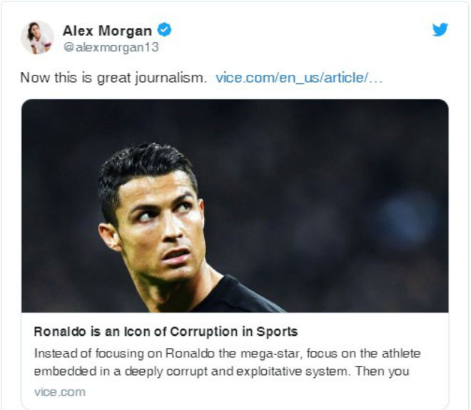 Trên trang Twitter, Alex Morgan bày tỏ sự đồng tình với bài viết "vạch tội" Ronaldo chạy án hiếp dâm