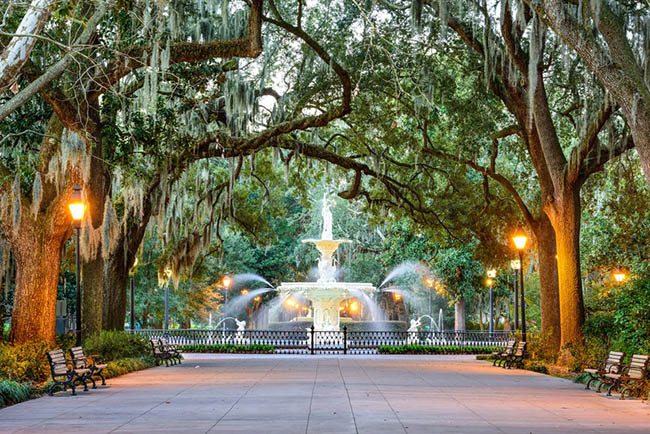 Công viên Forsyth, Savannah: Toàn bộ thành phố Savannah có rất nhiều truyền thuyết ma quái, phần lớn là do các đường hầm bí ẩn chạy bên dưới đường phố. Nổi bật nhất là Công viên Forsyth, một không gian xanh, xinh đẹp như trong tranh.
