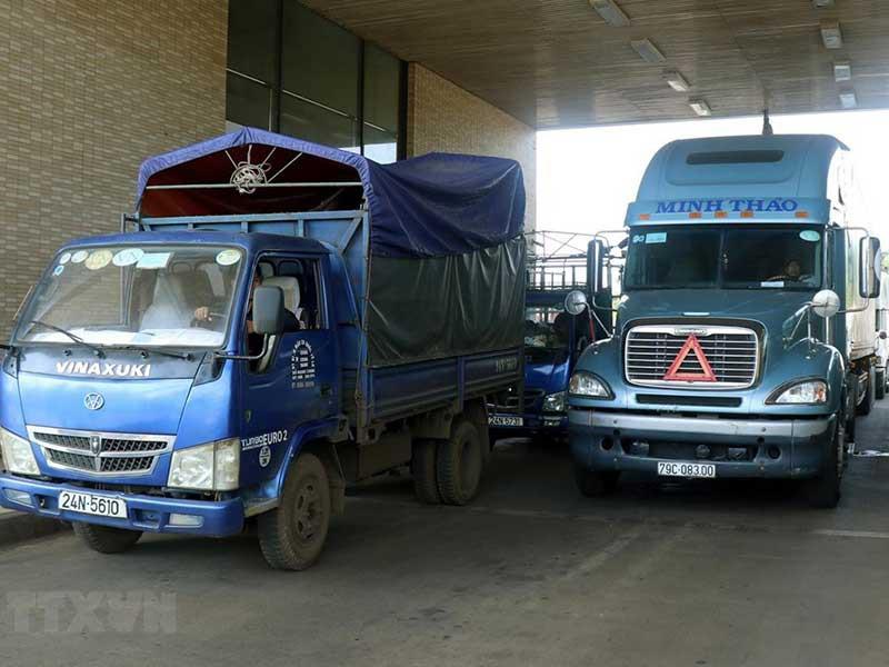 Mới đây hàng trăm xe container chở thanh long bị ùn lại tại cửa khẩu đường bộ Kim Thành, &nbsp;thuộc cửa khẩu quốc tế Lào Cai. Ảnh: TTXVN