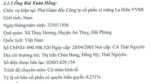 Thông tin về Phó Giám đốc Bùi Xuân Hồng được Công ty Xi măng La Hiên công bố tại thời điểm năm 2015.