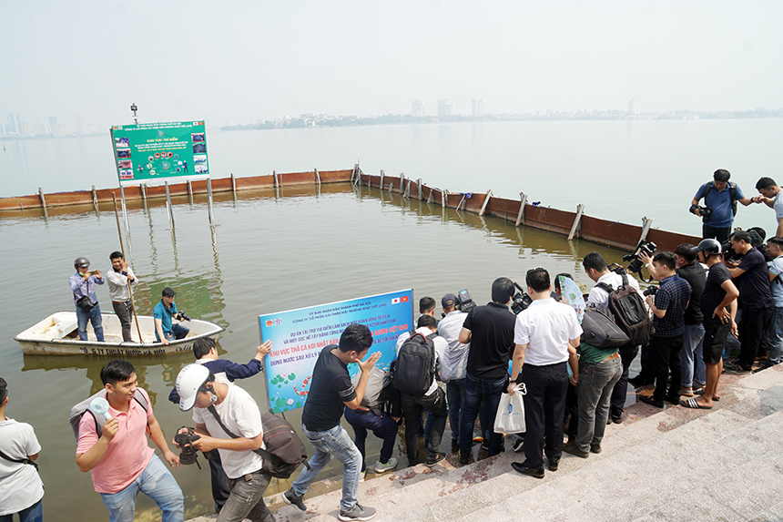 Sau khi thả cá trên sông Tô Lịch, các đơn vị liên quan tiếp tục ra hồ Tây đoạn đầu đường Nguyễn Đình Thi để lấy mẫu nước và thả cá tại khu vực quây rào sắt, xử lý nước bằng công nghệ của Nhật.