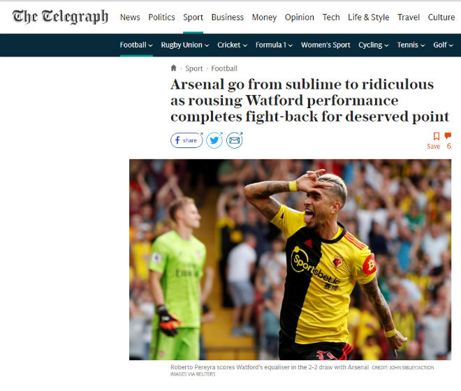 Tờ Telegraph gọi hiệp 2 của Arsenal là "trò lố bịch" khi hòa thất vọng dù dẫn trước Watford 2 bàn