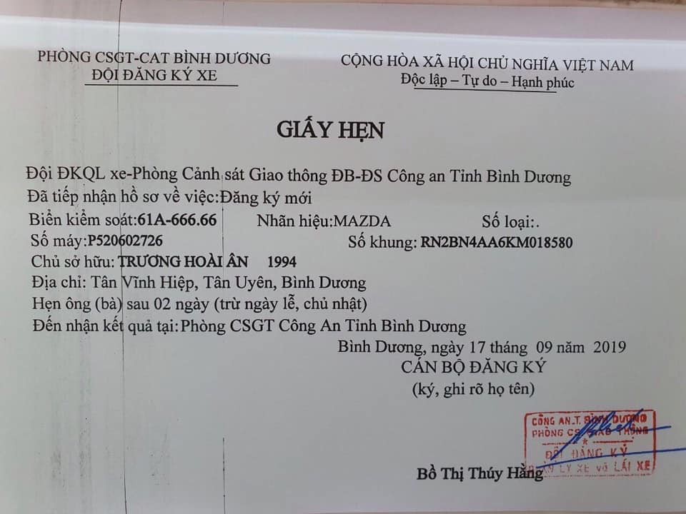 Giấy hẹn lấy biển số