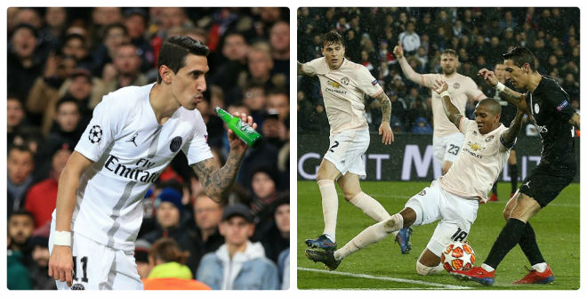 Di Maria ăn mừng khi ghi bàn giúp PSG thắng 2-0 trước đội bóng cũ MU ở lượt đi tại Old Trafford nhưng chơi mờ&nbsp;nhạt ở lượt về và cùng đội bóng nước Pháp bị loại ngay trên sân nhà tại Paris