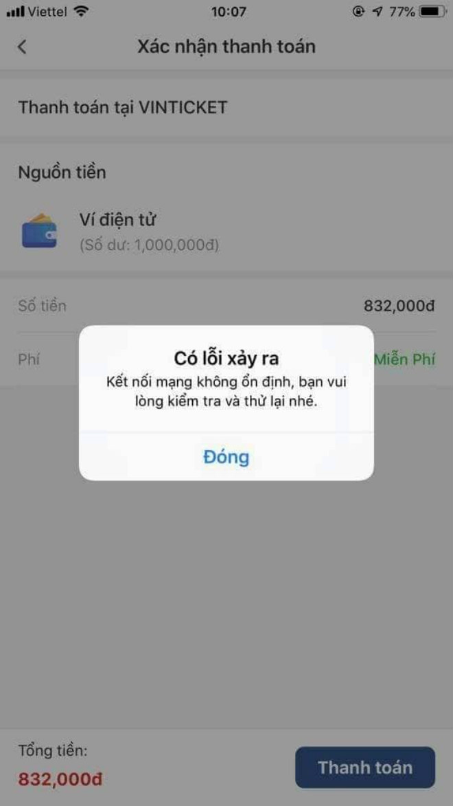 Lỗi thanh toán khi mua vé