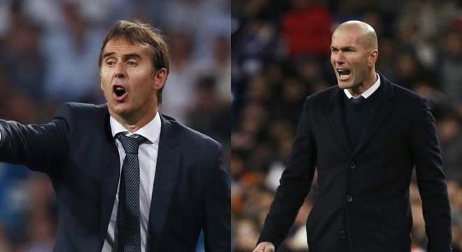 Lopetegui (trái)&nbsp;cùng Sevilla đang giữ ngôi đầu bảng La Liga trước chuyến thăm của Real Madrid &amp; Zidane