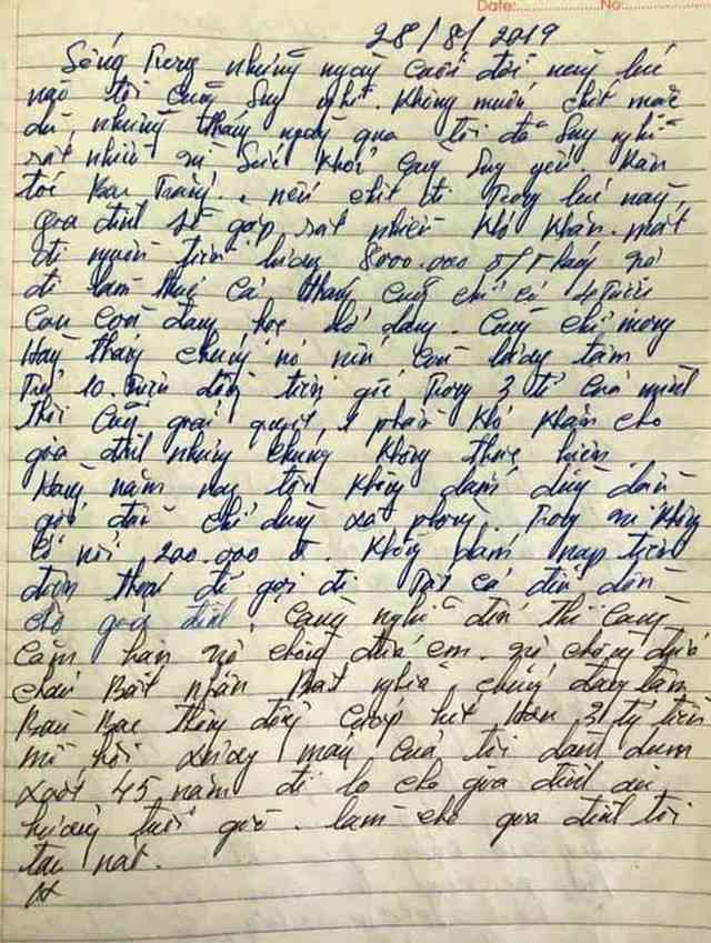 Lá thư "tuyệt mệnh" được cho là của đối tượng Hồng để lại trước khi gây án. Ảnh: TL