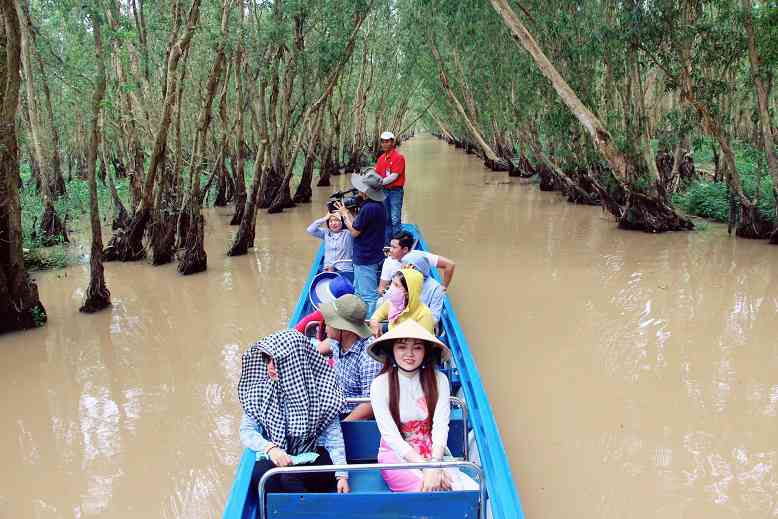 Du khách di chuyển bằng xuồng máy để tham quan phong cảnh rừng tràm.