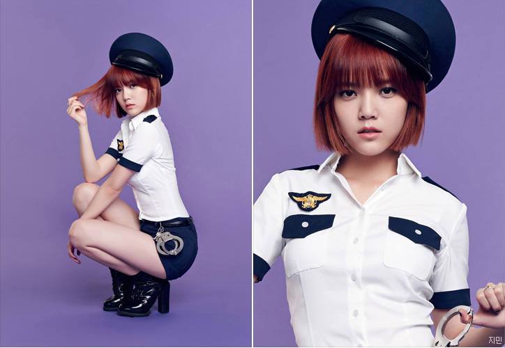 Jimin (AOA) trong hình ảnh cảnh nữ cảnh sát. Cô mặc áo bó với quần short gây phản cảm.&nbsp;