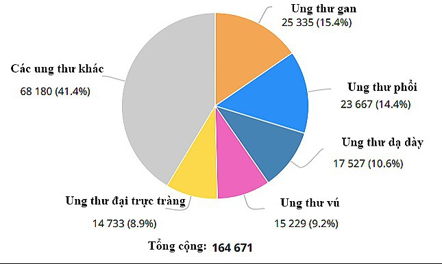 Tỷ lệ các loại ung thư mới phát hiện năm 2018 tại Việt Nam. Ảnh: GLOBOCAN.