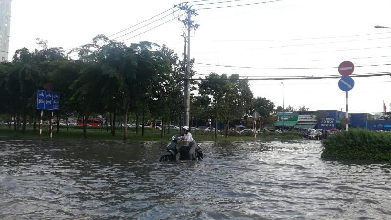 Một người dân bì bõm lội trong vũng nước.