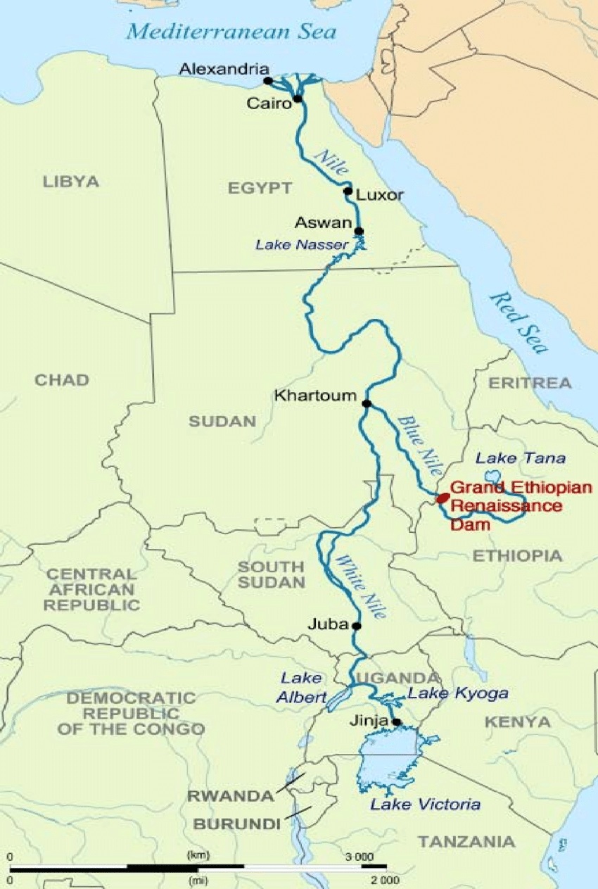 Sông Nile chủ yếu lấy nước từ Ethiopia, chảy qua Sudan, Ai Cập và đổ ra Địa Trung Hải.