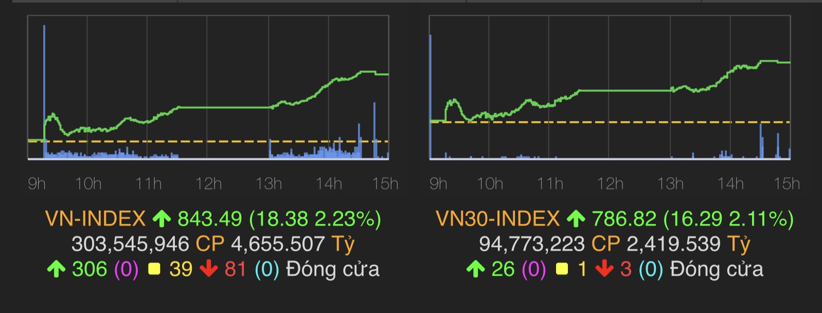 VN-Index tăng 18,38 điểm (2,23%) lên 843,49 điểm