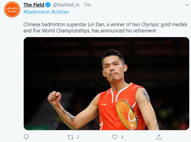 Trang twitter cũng đưa tin về Lin Dan