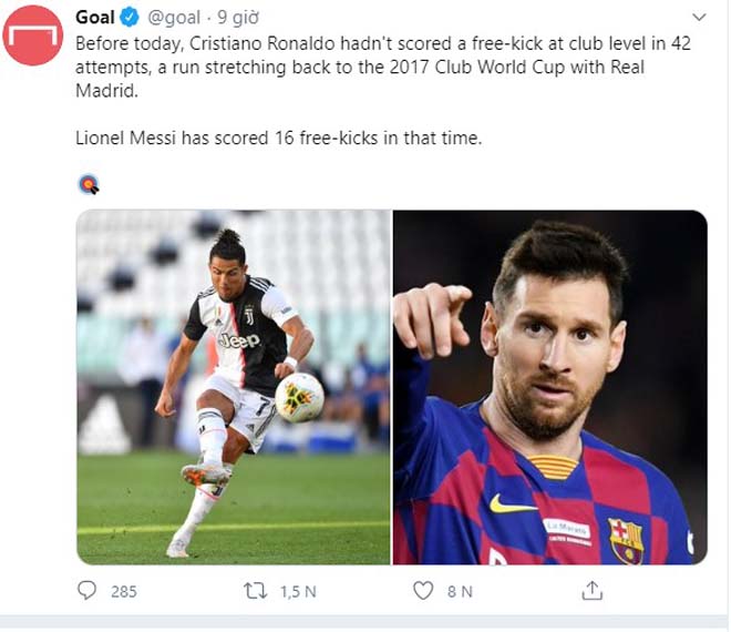 Thống kê từ Goal cho thấy, Messi đá phạt tốt hơn Ronaldo