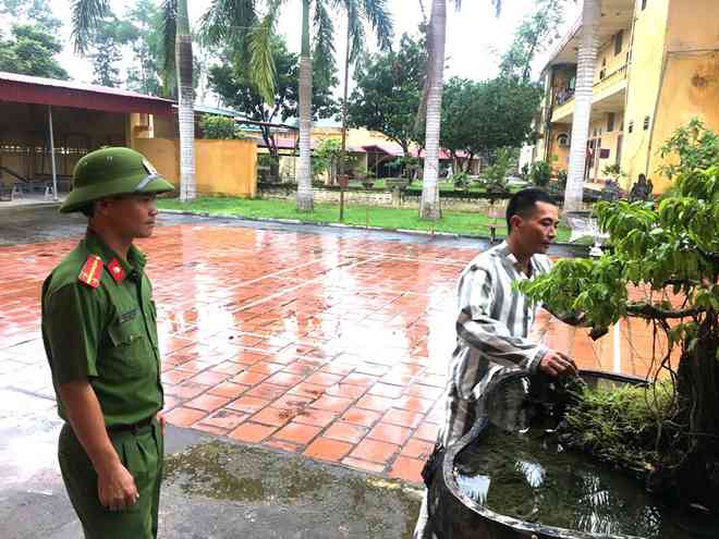 Lê Trung Kiên cắt tỉa cây cảnh tại Trại giam số 5.