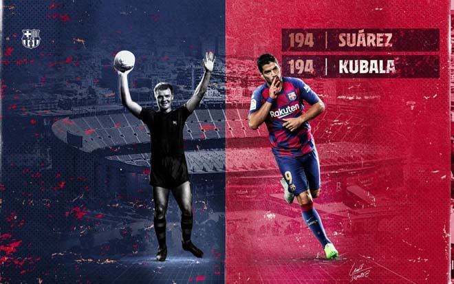 Luis Suarez san bằng thành tích 194 bàn thắng như đàn anh Laszlo&nbsp;Kubala để trở thành chân sút tốt thứ 3 trong lịch sử của Barca