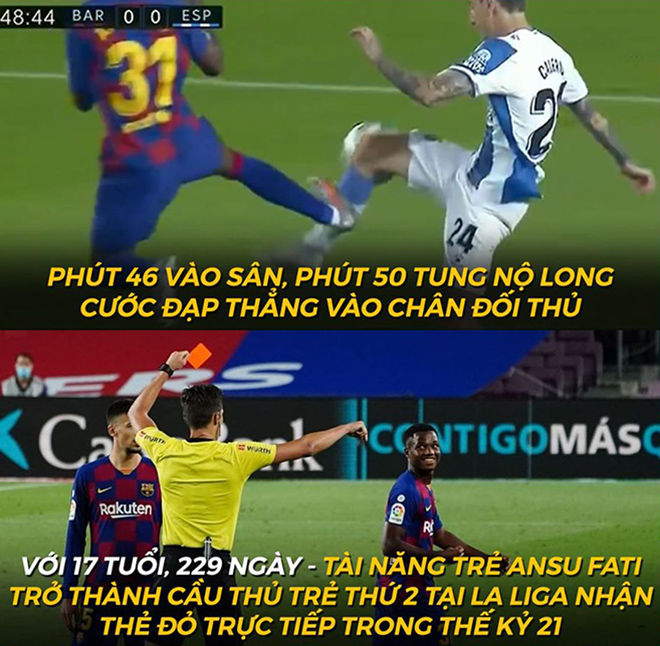 Tài năng trẻ của Barca bị đuổi&nbsp;khi vừa vào sân được 5 phút.