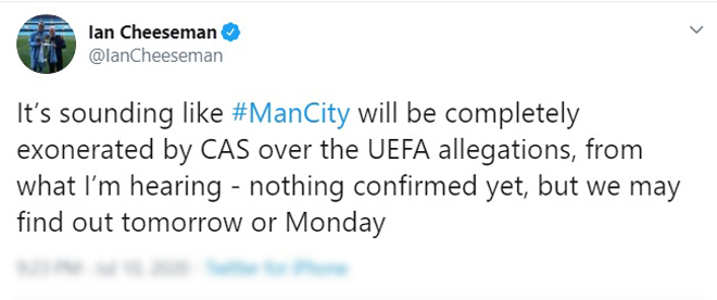Chuyên gia săn tin về Man City,&nbsp;Ian Cheeseman tiết lộ Man City có thể "trắng án" trong vụ việc này