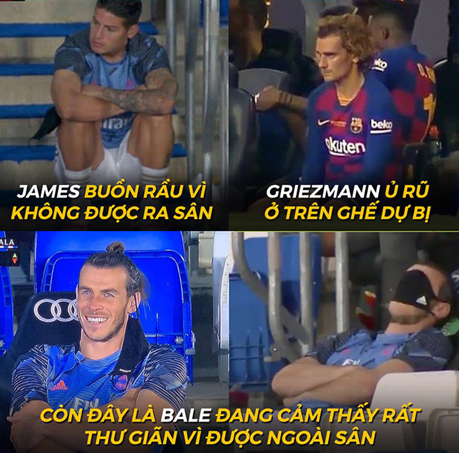 Gương mặt&nbsp;"ủ rũ" của Gareth Bale khi phải ngồi trên ghế dự bị.