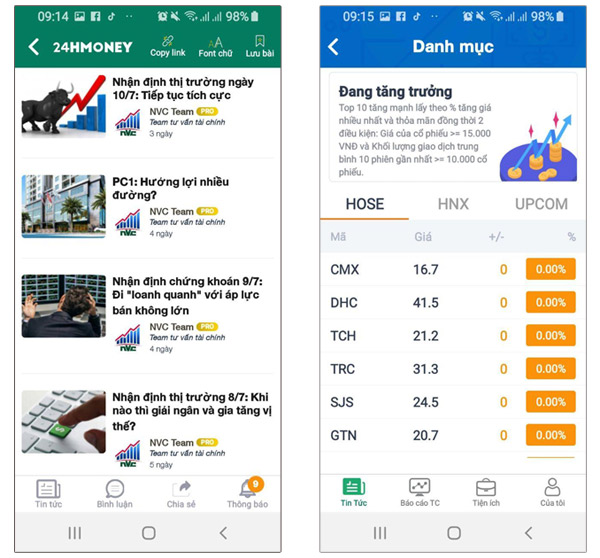 App 24hMoney có giao diện rất dễ hiểu, khác hẳn với những trang tin tức về chứng khoán trước đó tôi đã tìm hiểu.