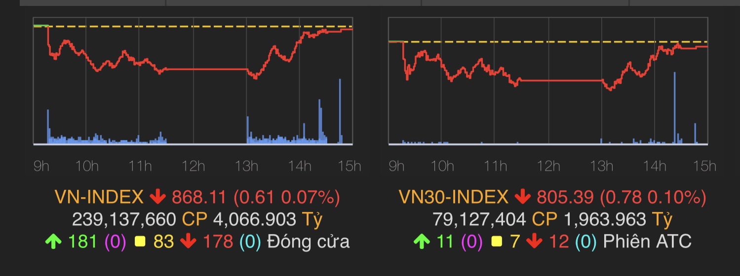 VN-Index chốt phiên giảm nhẹ 0,61 điểm (0,07%) về mốc 868,11 điểm.