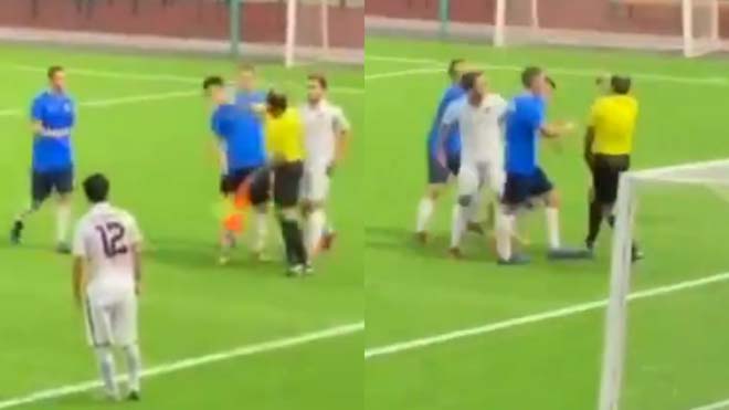 Trọng tài Tumasov (áo vàng) đấm vào mặt cầu thủ của đội&nbsp;Sakhalinets (áo xanh) (ảnh cắt từ clip)