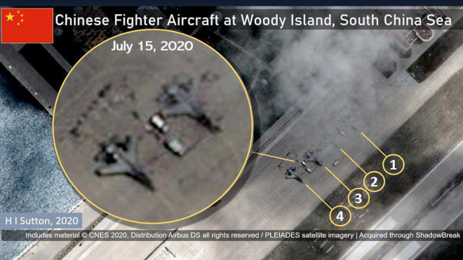 Hình ảnh vệ tinh cho thấy các máy bay của Trung Quốc trên đảo Phú Lâm của Việt Nam nhưng bị Trung Quốc chiếm đóng phi pháp. Ảnh: CNES