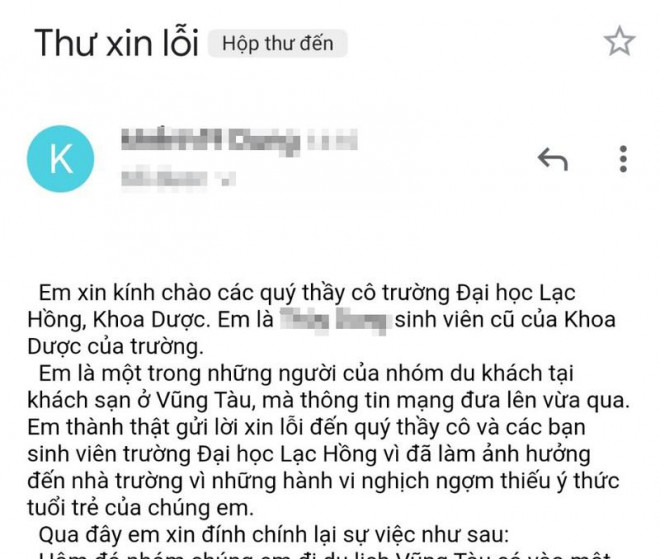 NTTD đã gửi email xin lỗi Đại học Lạc Hồng vì làm ảnh hưởng uy tín nhà trường. Ảnh: H.KIM